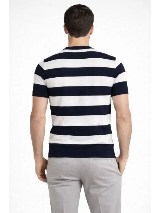 Erkek T-shirt Çizgili Triko Dokuma Bisiklet Yaka Tişört  - Siyah