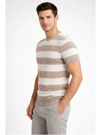 Erkek T-shirt Çizgili Triko Dokuma Bisiklet Yaka Tişört - Bej