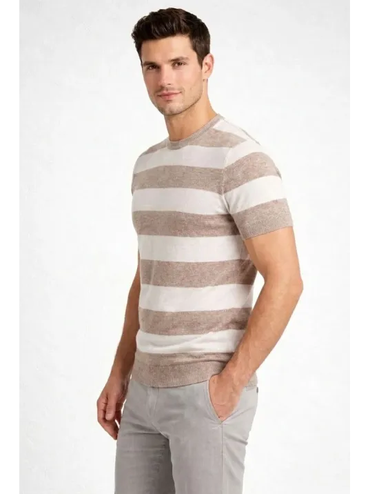 Erkek T-shirt Çizgili Triko Dokuma Bisiklet Yaka Tişört - Bej