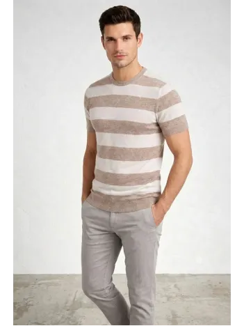 Erkek T-shirt Çizgili Triko Dokuma Bisiklet Yaka Tişört - Bej