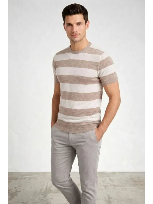 Erkek T-shirt Çizgili Triko Dokuma Bisiklet Yaka Tişört - Bej