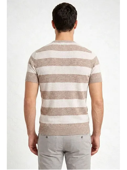 Erkek T-shirt Çizgili Triko Dokuma Bisiklet Yaka Tişört - Bej