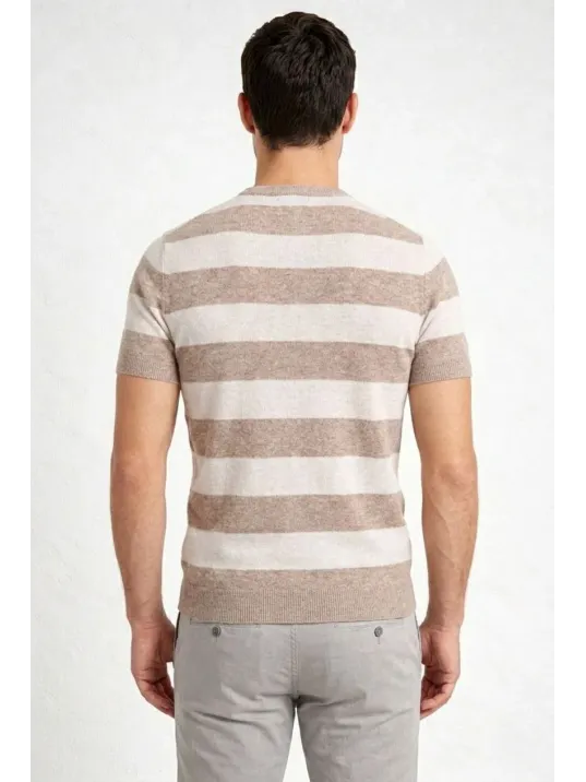 Erkek T-shirt Çizgili Triko Dokuma Bisiklet Yaka Tişört - Bej