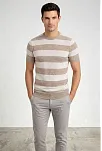 Erkek T-shirt Çizgili Triko Dokuma Bisiklet Yaka Tişört - Bej