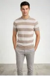 Erkek T-shirt Çizgili Triko Dokuma Bisiklet Yaka Tişört - Bej