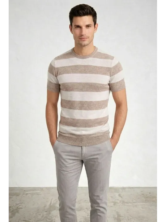 Erkek T-shirt Çizgili Triko Dokuma Bisiklet Yaka Tişört - Bej