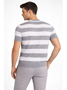 Erkek T-shirt Çizgili Triko Dokuma Bisiklet Yaka Tişört - Gri