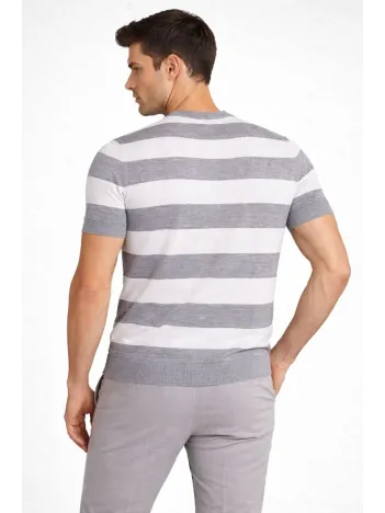 Erkek T-shirt Çizgili Triko Dokuma Bisiklet Yaka Tişört - Gri