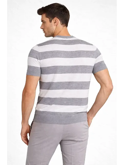 Erkek T-shirt Çizgili Triko Dokuma Bisiklet Yaka Tişört - Gri
