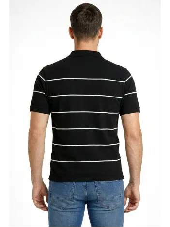 Erkek T-shirt Çizgili Triko Dokuma Kumaş Polo Yaka Yarım Fermuarlı Regular Kalıp Tişört - Siyah