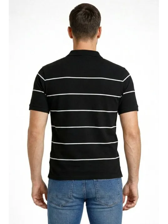 Erkek T-shirt Çizgili Triko Dokuma Kumaş Polo Yaka Yarım Fermuarlı Regular Kalıp Tişört - Siyah