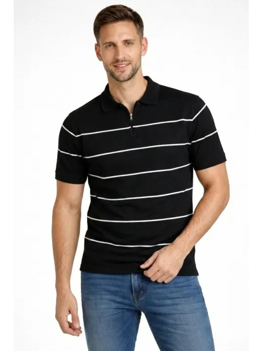 Erkek T-shirt Çizgili Triko Dokuma Kumaş Polo Yaka Yarım Fermuarlı Regular Kalıp Tişört - Siyah