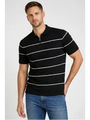 Erkek T-shirt Çizgili Triko Dokuma Kumaş Polo Yaka Yarım Fermuarlı Regular Kalıp Tişört - Siyah