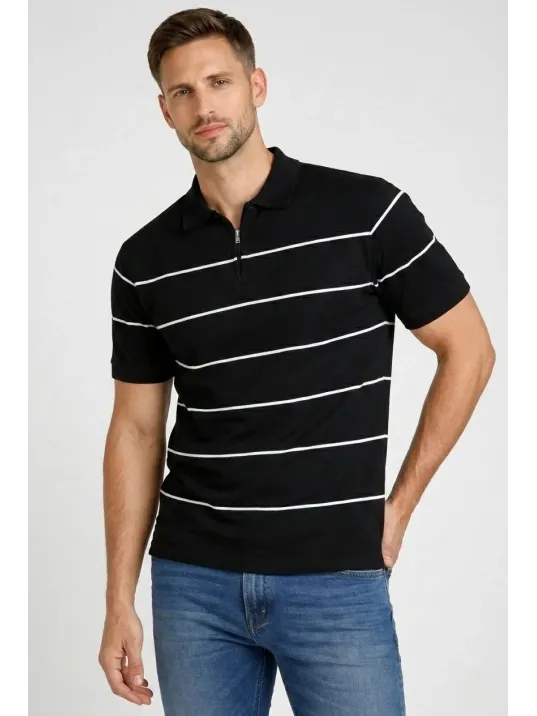 Erkek T-shirt Çizgili Triko Dokuma Kumaş Polo Yaka Yarım Fermuarlı Regular Kalıp Tişört - Siyah