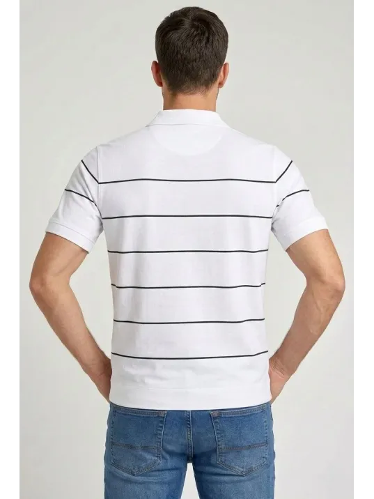Erkek T-shirt Çizgili Triko Dokuma Kumaş Polo Yaka Yarım Fermuarlı Regular Kalıp Tişört - Beyaz