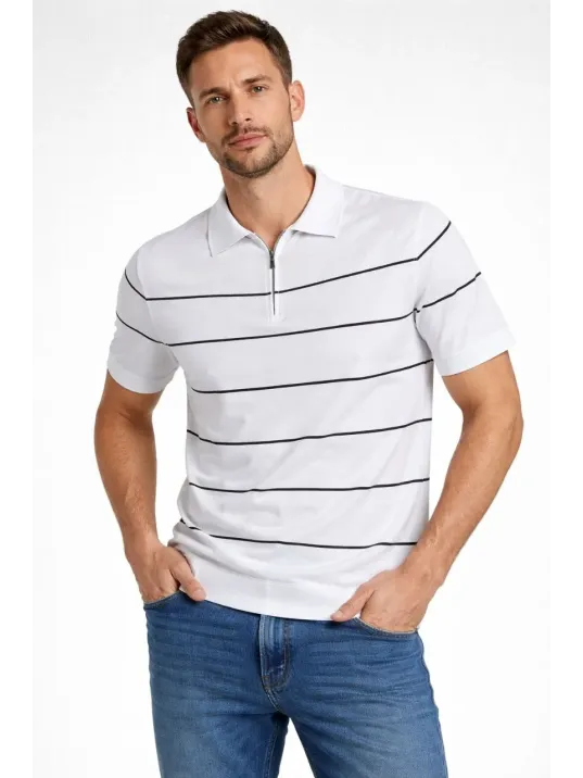 Erkek T-shirt Çizgili Triko Dokuma Kumaş Polo Yaka Yarım Fermuarlı Regular Kalıp Tişört - Beyaz