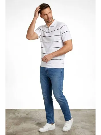 Erkek T-shirt Çizgili Triko Dokuma Kumaş Polo Yaka Yarım Fermuarlı Regular Kalıp Tişört - Beyaz