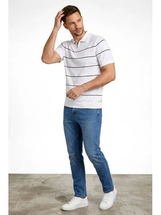 Erkek T-shirt Çizgili Triko Dokuma Kumaş Polo Yaka Yarım Fermuarlı Regular Kalıp Tişört - Beyaz