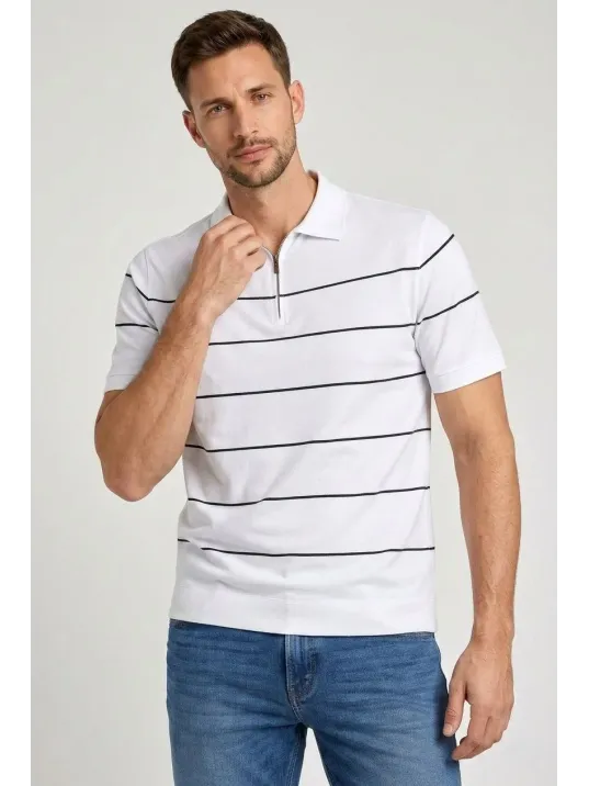 Erkek T-shirt Çizgili Triko Dokuma Kumaş Polo Yaka Yarım Fermuarlı Regular Kalıp Tişört - Beyaz