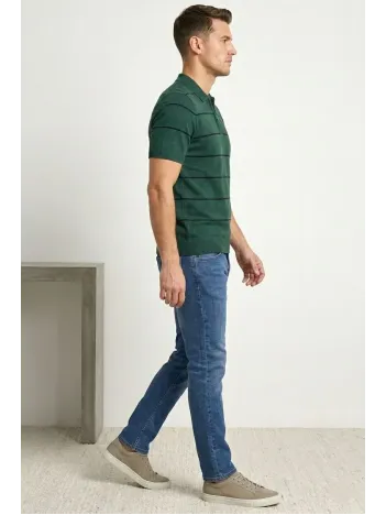 Erkek T-shirt Çizgili Triko Dokuma Kumaş Polo Yaka Yarım Fermuarlı Regular Kalıp Tişört - Çağla Yeşili