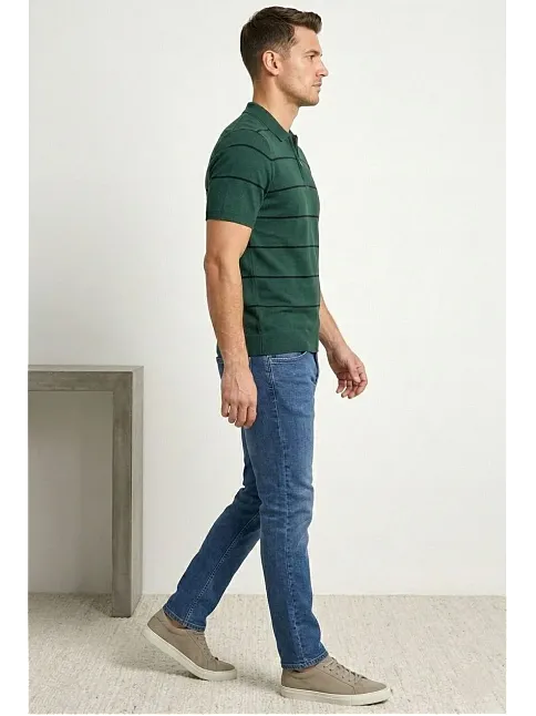 Erkek T-shirt Çizgili Triko Dokuma Kumaş Polo Yaka Yarım Fermuarlı Regular Kalıp Tişört - Çağla Yeşili