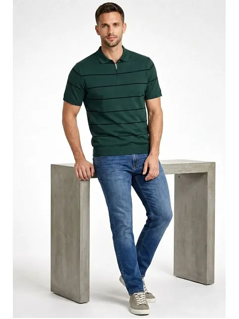 Erkek T-shirt Çizgili Triko Dokuma Kumaş Polo Yaka Yarım Fermuarlı Regular Kalıp Tişört - Çağla Yeşili
