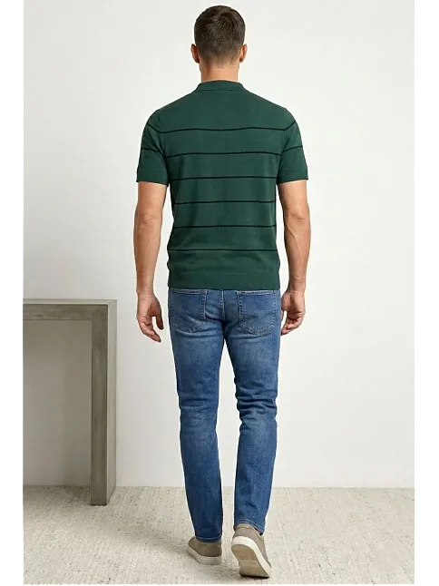 Erkek T-shirt Çizgili Triko Dokuma Kumaş Polo Yaka Yarım Fermuarlı Regular Kalıp Tişört - Çağla Yeşili