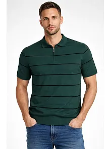 Erkek T-shirt Çizgili Triko Dokuma Kumaş Polo Yaka Yarım Fermuarlı Regular Kalıp Tişört - Çağla Yeşili