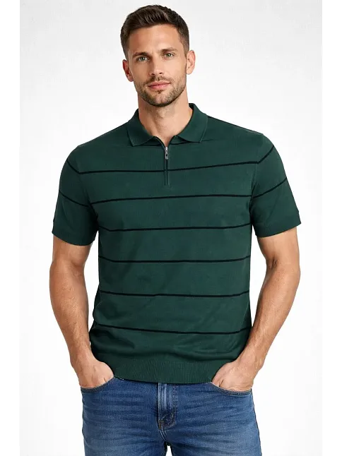 Erkek T-shirt Çizgili Triko Dokuma Kumaş Polo Yaka Yarım Fermuarlı Regular Kalıp Tişört - Çağla Yeşili