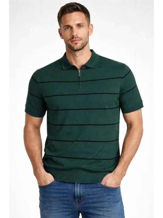 Erkek T-shirt Çizgili Triko Dokuma Kumaş Polo Yaka Yarım Fermuarlı Regular Kalıp Tişört - Çağla Yeşili Erkek T-shirt Çizgili Triko Dokuma Kumaş Polo Yaka Yarım Fermuarlı Regular Kalıp Tişört - Çağla Yeşili