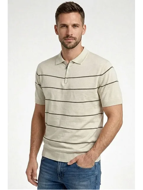 Erkek T-shirt Çizgili Triko Dokuma Kumaş Polo Yaka Yarım Fermuarlı Regular Kalıp Tişört - Bej