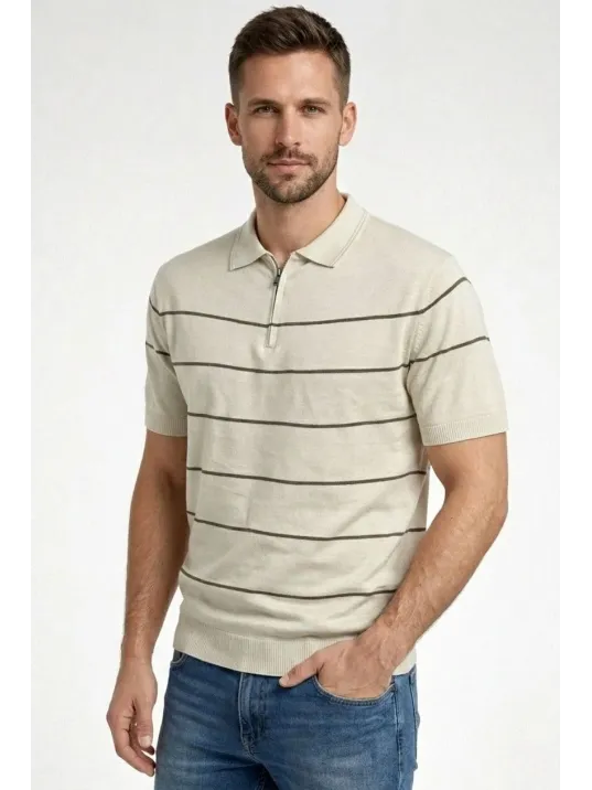 Erkek T-shirt Çizgili Triko Dokuma Kumaş Polo Yaka Yarım Fermuarlı Regular Kalıp Tişört - Bej