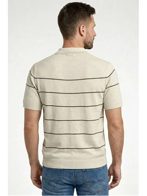 Erkek T-shirt Çizgili Triko Dokuma Kumaş Polo Yaka Yarım Fermuarlı Regular Kalıp Tişört - Bej