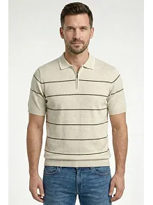 Erkek T-shirt Çizgili Triko Dokuma Kumaş Polo Yaka Yarım Fermuarlı Regular Kalıp Tişört - Bej