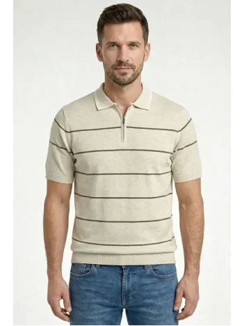 Erkek T-shirt Çizgili Triko Dokuma Kumaş Polo Yaka Yarım Fermuarlı Regular Kalıp Tişört - Bej