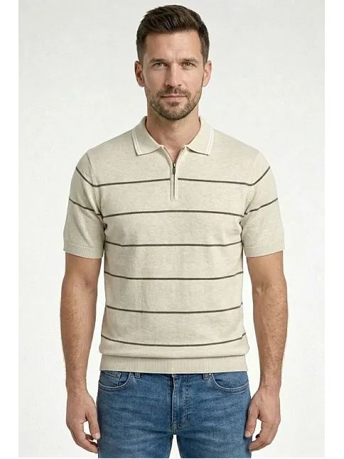 Erkek T-shirt Çizgili Triko Dokuma Kumaş Polo Yaka Yarım Fermuarlı Regular Kalıp Tişört - Bej