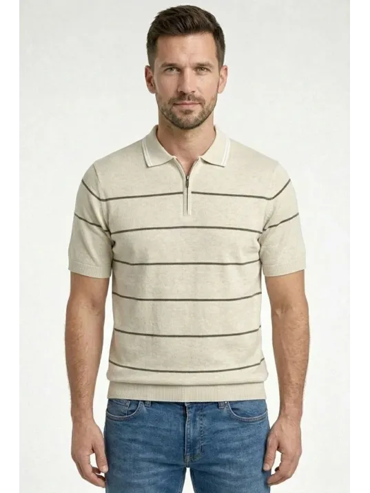Erkek T-shirt Çizgili Triko Dokuma Kumaş Polo Yaka Yarım Fermuarlı Regular Kalıp Tişört - Bej