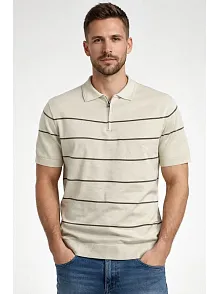 Erkek T-shirt Çizgili Triko Dokuma Kumaş Polo Yaka Yarım Fermuarlı Regular Kalıp Tişört - Bej
