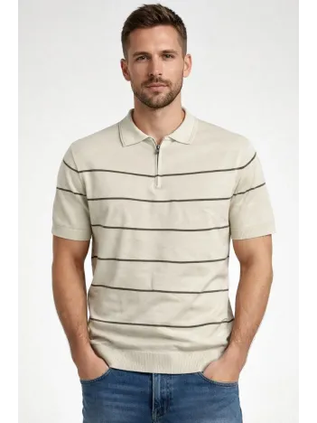 Erkek T-shirt Çizgili Triko Dokuma Kumaş Polo Yaka Yarım Fermuarlı Regular Kalıp Tişört - Bej