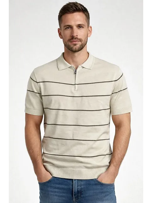 Erkek T-shirt Çizgili Triko Dokuma Kumaş Polo Yaka Yarım Fermuarlı Regular Kalıp Tişört - Bej