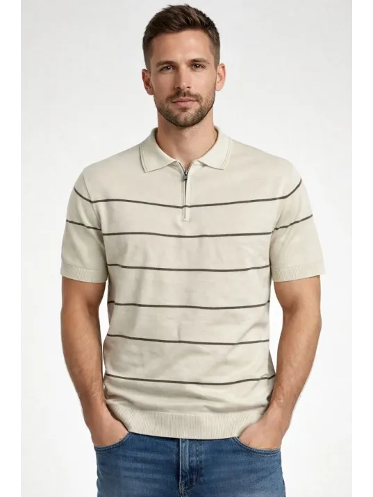 Erkek T-shirt Çizgili Triko Dokuma Kumaş Polo Yaka Yarım Fermuarlı Regular Kalıp Tişört - Bej