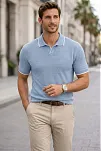 Erkek Triko Kumaş Yakalı Düğmesiz Açık Yaka Fitilli Kısa Kollu Regular Fit Tişört T-shirt - Bebek Mavisi