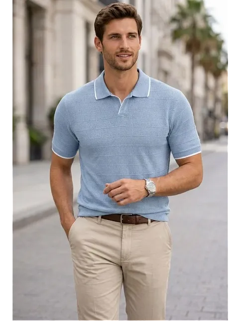 Erkek Triko Kumaş Yakalı Düğmesiz Açık Yaka Fitilli Kısa Kollu Regular Fit Tişört T-shirt - Bebek Mavisi