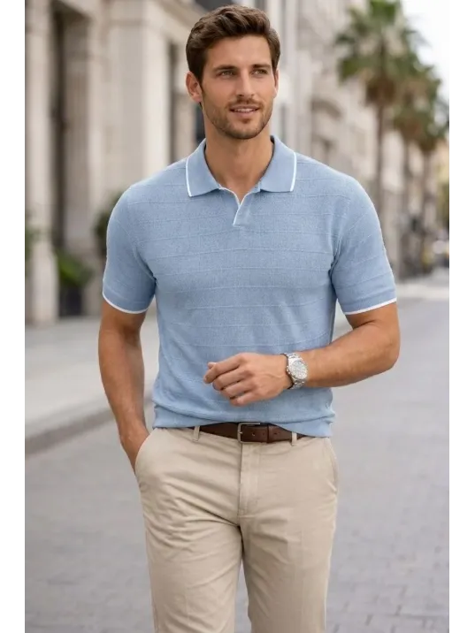 Erkek Triko Kumaş Yakalı Düğmesiz Açık Yaka Fitilli Kısa Kollu Regular Fit Tişört T-shirt - Bebek Mavisi