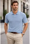 Erkek Triko Kumaş Yakalı Düğmesiz Açık Yaka Fitilli Kısa Kollu Regular Fit Tişört T-shirt - Bebek Mavisi
