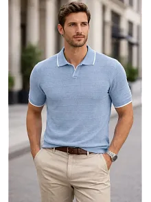 Erkek Triko Kumaş Yakalı Düğmesiz Açık Yaka Fitilli Kısa Kollu Regular Fit Tişört T-shirt - Bebek Mavisi
