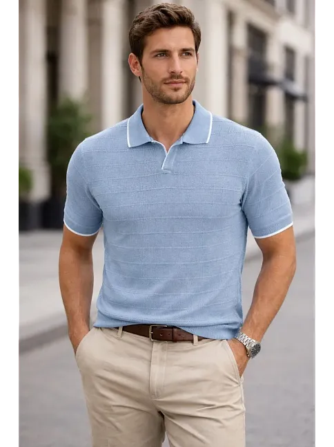 Erkek Triko Kumaş Yakalı Düğmesiz Açık Yaka Fitilli Kısa Kollu Regular Fit Tişört T-shirt - Bebek Mavisi