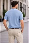 Erkek Triko Kumaş Yakalı Düğmesiz Açık Yaka Fitilli Kısa Kollu Regular Fit Tişört T-shirt - Bebek Mavisi