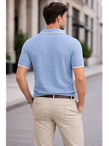 Erkek Triko Kumaş Yakalı Düğmesiz Açık Yaka Fitilli Kısa Kollu Regular Fit Tişört T-shirt - Bebek Mavisi