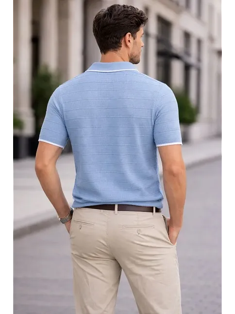 Erkek Triko Kumaş Yakalı Düğmesiz Açık Yaka Fitilli Kısa Kollu Regular Fit Tişört T-shirt - Bebek Mavisi
